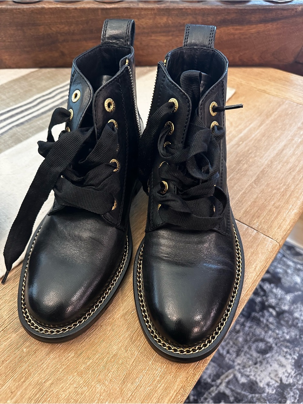 Zadig & Voltaire Black Leather Lace-Up Combat Boots with Gold Chain Trim